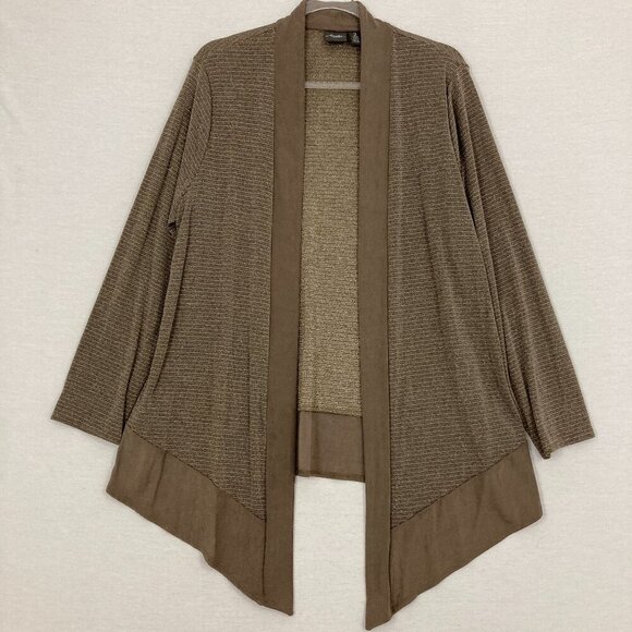 Chico’s Travelers Brown Slinky Knit Open Front Draped Metallic Cardigan Large/2 - Picture 1 of 9